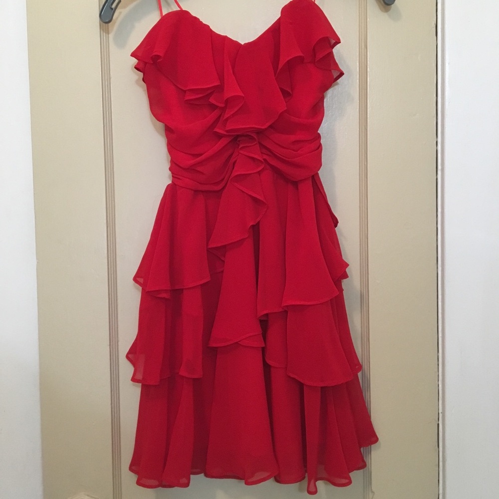 Red Strapless Ruffle Dress